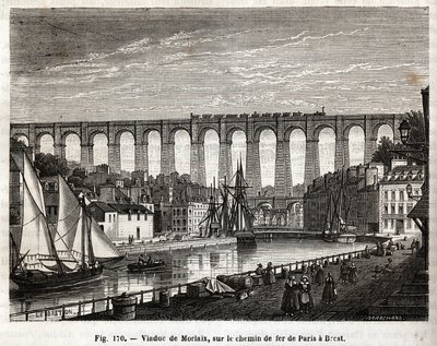 Viadukt von Morlaix, auf der Eisenbahnstrecke von Paris nach Brest (Frankreich). Gravur von Lebreton et Marchand, in „Les Merveilles de la Science“ von Louis Figuier (1819-1894), Jouvet et Cie Ausgabe von French School