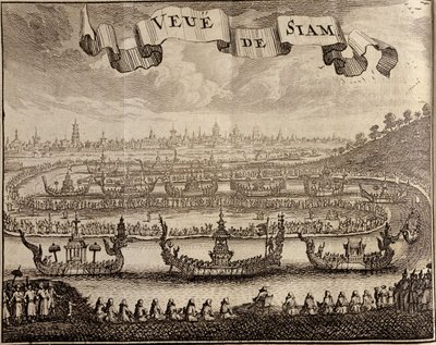 Ansicht von Ayutthaya mit königlichen Barken, aus Voyage du Siam des Peres Jesuites von Guy Tachard, 1688 von French School