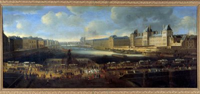 Ansicht von Paris von der Louvre-Seite, aufgenommen von der Pont Neuf von French School