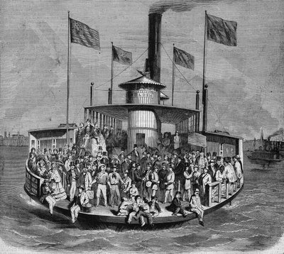 Ansicht eines Dampfers, der Verbindungen zwischen den Inseln und der Stadt New York herstellt. Gravur von French School