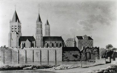 Ansicht der Abtei Saint-Germain-des-Prés zu Beginn des 15. Jahrhunderts (Lithographie) (s/w Foto) von French School