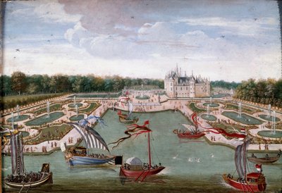 Ansicht des Château de Chantilly und der Beete vom Vertugadin aus von French School