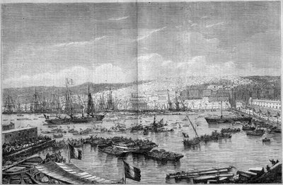 Ansicht der Stadt und des Hafens von Algier (Algerien) während der Ankunft von Napoleon III. und der Kaiserin Eugenie de Montijo am 17. September von French School