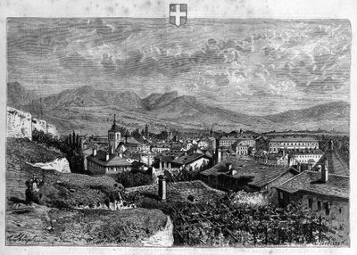 Ansicht der Stadt Chambéry in Savoyen. Gravur von 1880 in „La république illustrée“ private Sammlung. von French School