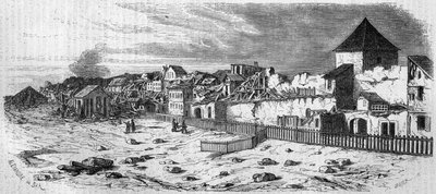 Ansicht des Stadtteils Kastrich in Mainz (Deutschland) nach der Explosion des Pulverfasses im Jahr 1857. Nach einer Fotografie. Gravur in „Le Monde Illustré“ Nr. 36 vom 19. Dezember 1857. von French School