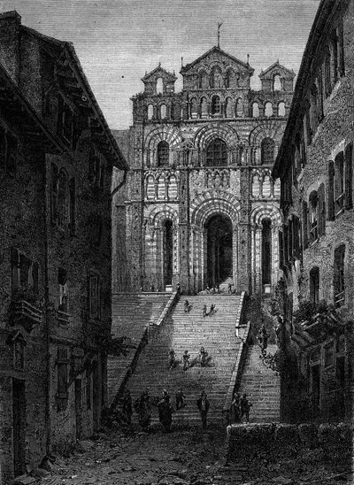Ansicht der Fassade der Kathedrale Notre Dame du Puy en Velay (Puy-en-Velay), Haute Loire (43) von French School