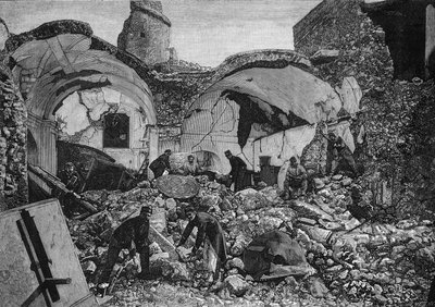 Ansicht der Ruinen der Chiesa del Purgatorio, zerstört während des Erdbebens von 1881 auf der Insel Ischia (Italien). Gravur von Quesnel in „Le Monde Illustré“ Nr. 1254 vom 9. April 1881 von French School