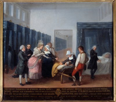 Besuch von Monsieur und Madame Necker im Hospiz der Barmherzigkeit Dies ist ein Krankenhaus (heute Necker-Krankenhaus in Paris), das 1778 vom Minister und seiner Frau, einer Schriftstellerin, gegründet wurde. Gemälde der französischen Schule. 18. Jahrhunde von French School