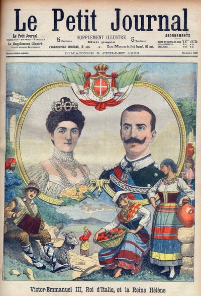 Vittorio Emanuele III. di Savoia und Elena di Savoia - König Viktor Emanuel III. und Königin Elena von Italien. Viktor Emanuel III., König von Italien, und Königin Helene. Illustration für Le Petit Journal, 5. Juli 1903. von French School