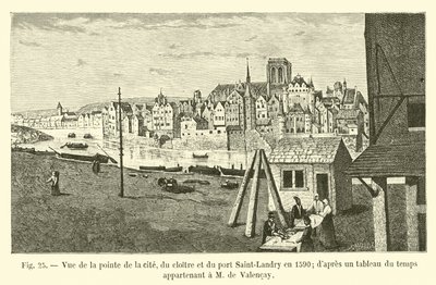 Ansicht der Spitze der Insel, des Klosters und des Hafens Saint-Landry im Jahr 1590, nach einem zeitgenössischen Gemälde im Besitz von M. de Valencay von French School