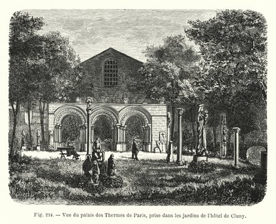 Ansicht des Palais des Thermes von Paris, aufgenommen in den Gärten des Hôtel de Cluny von French School