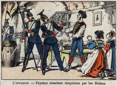 Krieg von 1870 zwischen Frankreich und Preußen: Elsässische Bauern von den Hulans (Ulanen, Houlans) erpresst. Bild von Epinal. von French School