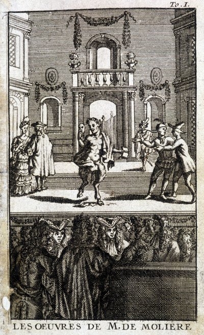 Wildtiere und Charaktere auf der Bühne mit Publikum - in „The Works of M. de Molière“ von French School