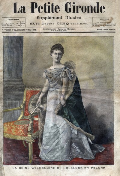 Wilhelmine von Oranien-Nassau (1880-1962), Königin der Niederlande von 1890 bis 1948, Tochter von Wilhelm III., sie dankte zugunsten ihrer Tochter Juliana ab. Titelblatt von „La petite Gironde“ vom Mai 1898 (Gravur). von French School