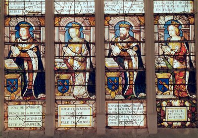 Fenster, das Louis de Bourbon (1465-1520) Prinz de La Roche-sur-Yon, Louise de Bourbon (gest. 1561) Comtesse de Montpensier, Louis II de Bourbon (1513-82) Duc de Montpensier und Jacquette de Longwy zeigt von French School