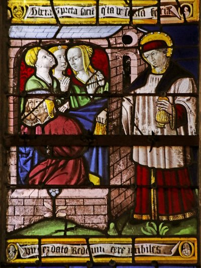 Fenster mit dem Heiligen Nikolaus, der Geld für den Vater von drei Mädchen hinterlässt, um ihre Prostitution zu vermeiden (Buntglas) von French School