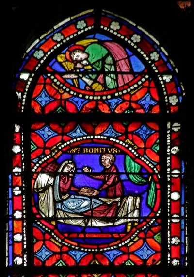 Fenster mit Darstellung einer Szene aus dem Leben des Heiligen Bonnet: Heilung einer blinden Frau von French School