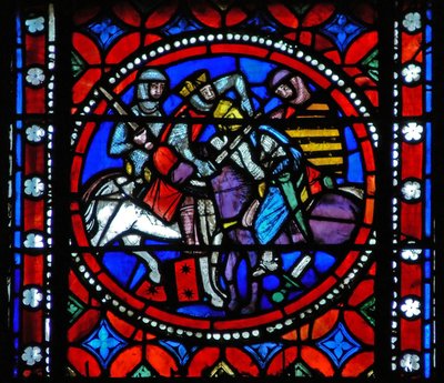 Fenster s1-R, eine Szene aus der Reise des heiligen Bonnet nach Rom darstellend; König Aripert verwundet einen Ritter tödlich von French School