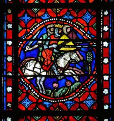 Fenster s1-R, eine Szene aus der Reise des heiligen Bonnet nach Rom darstellend: König Aripert von Pavia kämpft gegen die Barone von French School