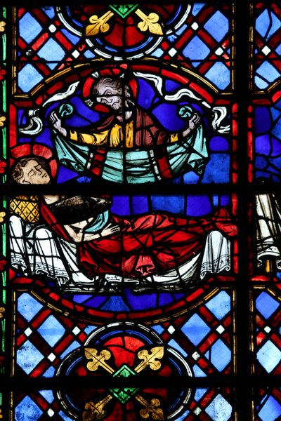 Fenster w04, Darstellung der Barmherzigkeit des Heiligen Martin: Er teilt seinen Mantel und dieser wird von Christus zurückgegeben von French School
