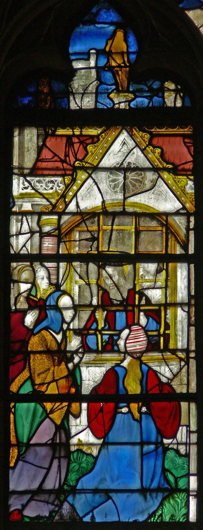Fenster w119, Szene aus dem Leben des St. Thomas: St. Thomas im Gefängnis wird von Prinzessin Migdomie besucht; venezianisches Glas von French School