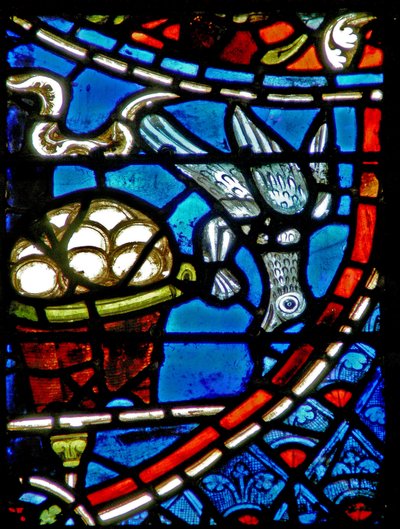Fenster w11, Darstellung eines Vogels, der aus dem Korb des Bäckers frisst von French School