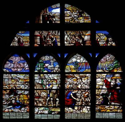 Fenster w128, Szenen aus der Geschichte von Moses; Durchzug durchs Rote Meer; Manna sammeln von French School