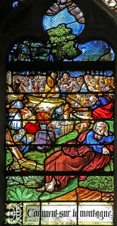 Fenster w12 mit Darstellung eines Details aus dem Wunder der Speisung der 5000 von French School