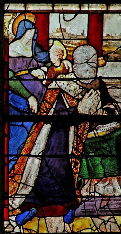 Fenster w13 zeigt Anne de Montmorency mit St. Anna, die der Jungfrau das Lesen beibringt von French School