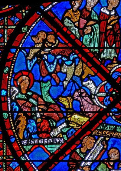 Fenster w15 Darstellung des toten Körpers des Heiligen Stephanus, der verlassen wird; Tiere werden von Vögeln abgehalten von French School