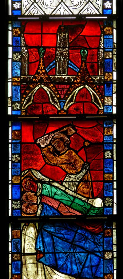 Fenster w15, das eine Szene aus einer Legende von St. Nikolaus darstellt: Das Wunder der 3 Jungen: Ein Metzger tötet drei Jungen von French School