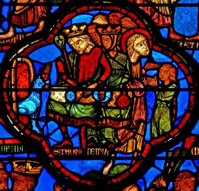 Fenster w16 Darstellung einer Szene aus dem Leben des Heiligen Thomas: Der Heilige bei einem Hochzeitsbankett für die Tochter des Königs von Indien wird von einem Mundschenk geohrfeigt: ein Löwe entfernt seinen Arm; Thomas stellt ihn wieder her von French School
