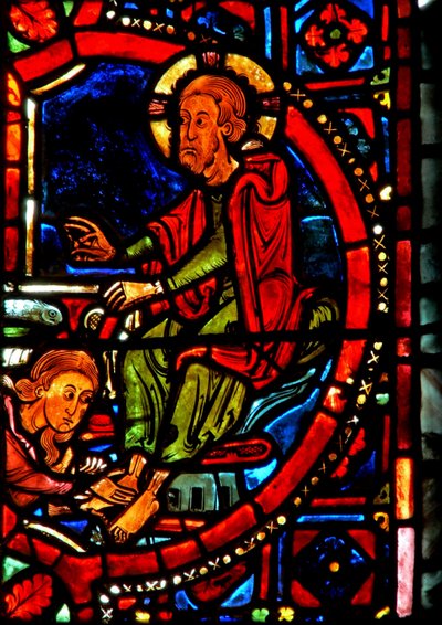Fenster w17 Darstellung einer Szene aus dem Leben der Heiligen Maria Magdalena - die Heilige wäscht die Füße Christi von French School