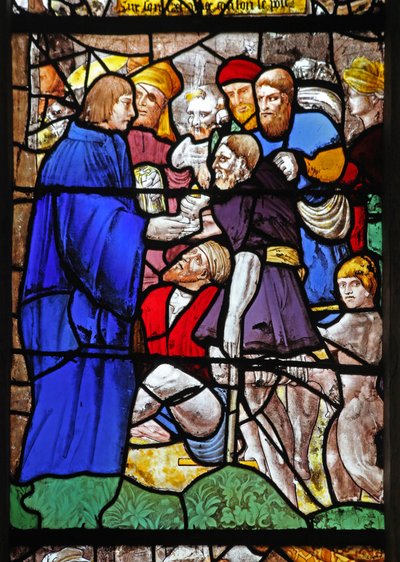 Fenster w18, das eine Szene aus dem Leben des heiligen Ivo darstellt von French School