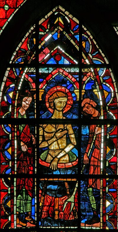 Fenster w202, eine Szene aus der Legende des heiligen Johannes darstellend: der Heilige in einem Kessel mit kochendem Öl von French School