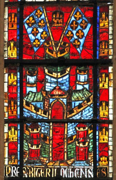 Fenster w205, eine Burg und Fahnen mit Lilien darstellend von French School