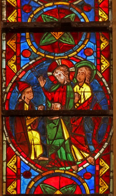 Fenster w213, Darstellung einer Szene aus dem Leben von St. Thomas: Christus empfängt den Boten von Gundaphorus und sagt Thomas, er solle nach Indien gehen von French School