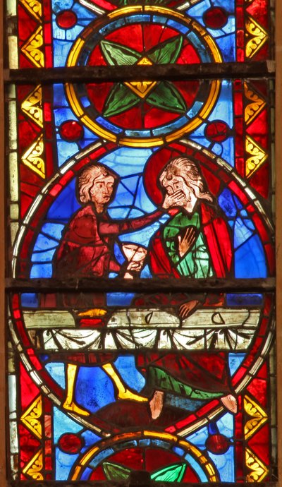 Fenster w213, Darstellung einer Szene aus dem Leben von St. Thomas: der Heilige bei einem Hochzeitsbankett für die Tochter des Königs von Indien wird von einem Mundschenk geohrfeigt von French School