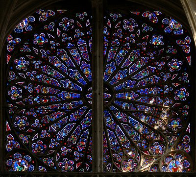 Fenster w219, das nördliche Rosenfenster, Propheten, Vorfahren Christi und Älteste der Apokalypse darstellend (Rosenfenster - innen) von French School