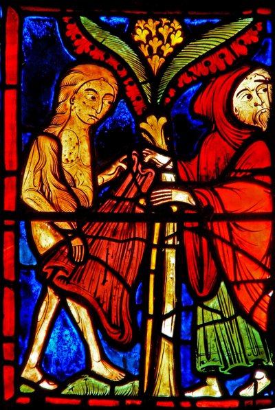 Fenster w21 Darstellung von Zosimus gibt der Heiligen Maria die Ägypterin seinen Mantel von French School