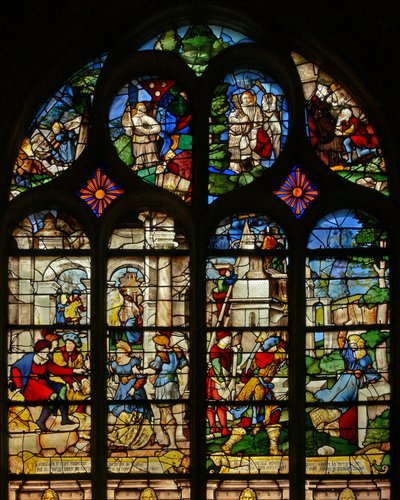 Fenster w21 mit Darstellung von Szenen aus dem Leben der St. Barbara von French School