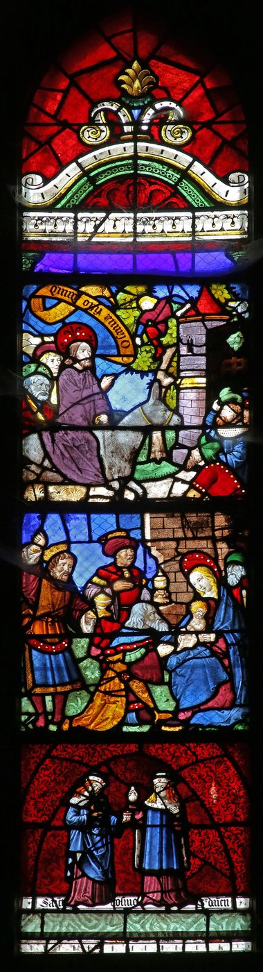 Fenster w22, das den Einzug in Jerusalem; die Anbetung der Heiligen Drei Könige; St. Kosmas und Damian darstellt von French School