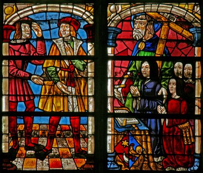 Fenster w232 zeigt eine Szene aus der Geschichte vom verlorenen Sohn: der Zorn des älteren Bruders; Frau und Töchter des Stifters, St. Simon von French School