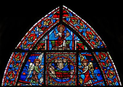 Fenster w23, Darstellung von St. Julian Hospitalier und seiner Frau, die sterben und in den Himmel kommen von French School