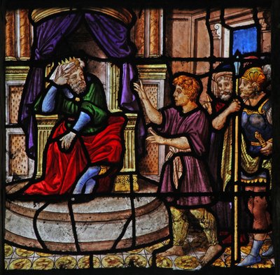 Fenster w25 zeigt eine Szene aus der Geschichte von Joseph: vor dem Pharao von French School
