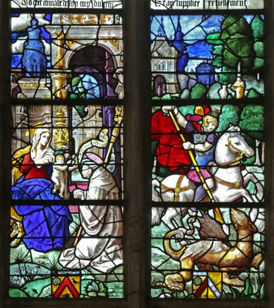 Fenster w2, ein Stifterbischof vor der Jungfrau und dem Kind; St. Georg von French School