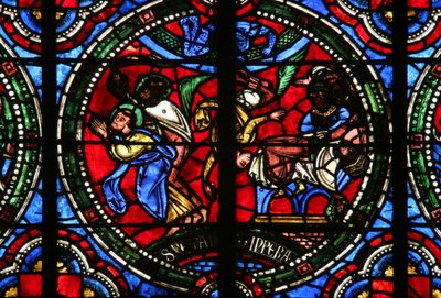 Fenster Nr. 2, Darstellung einer Szene aus dem Leben von St. Petrus: Simon Magus fällt, während er versucht, seine Flugfähigkeiten zu demonstrieren von French School