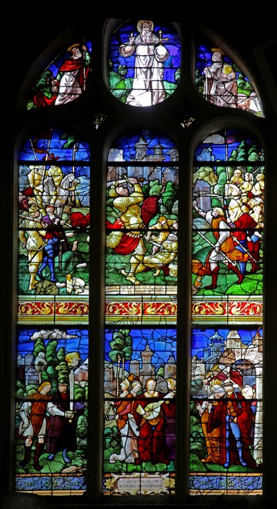 Fenster w30, Darstellung von David erschlägt Goliath; er kehrt mit dem Kopf zu den Töchtern von Judäa zurück von French School