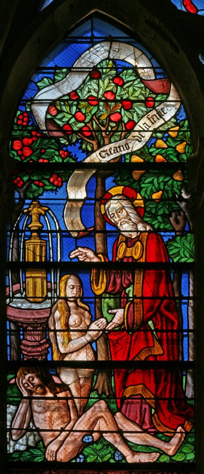 Fenster w40, die Erschaffung Evas darstellend von French School