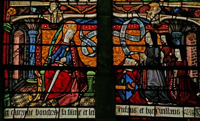 Fenster w4, Darstellung einer Stifterin - Catherine Boucheret mit Familie und St. Katharina von French School
